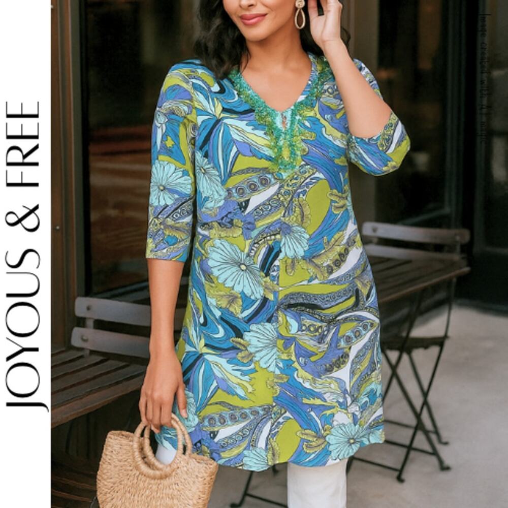 Embellished Tunic Joyous & Free Boho Print Purple Green S